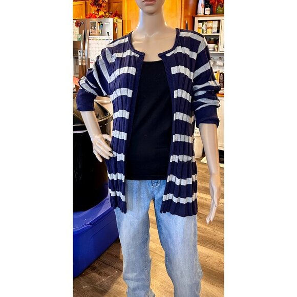 Striped Navy & Gray Open Front Cardigan Sweater Pleated Front & Back LARGE - Picture 4 of 12